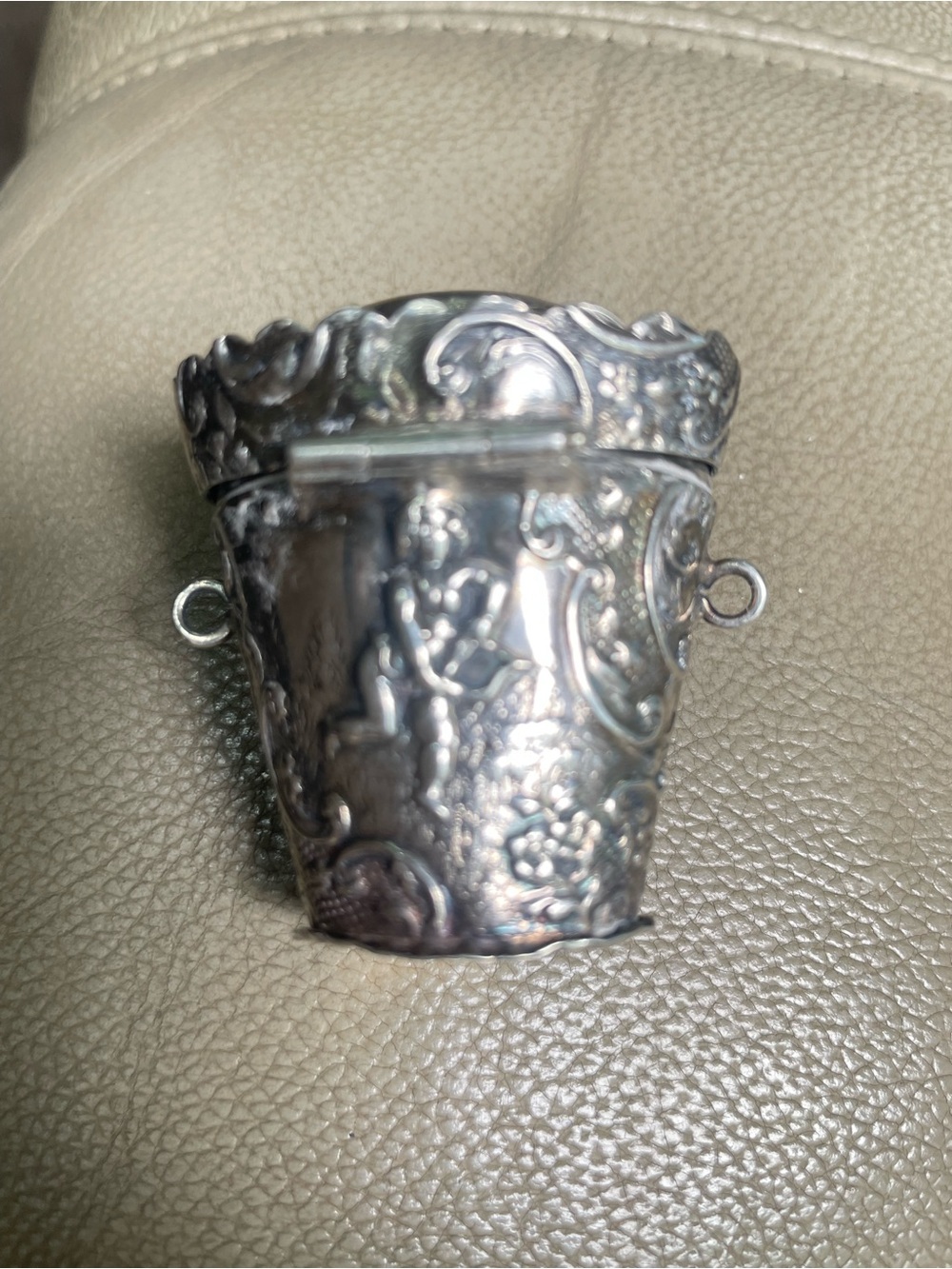 Antique Dutch Sterling Silver Cupid , Necklace /Pillbox W hinged lid Art Nouveau